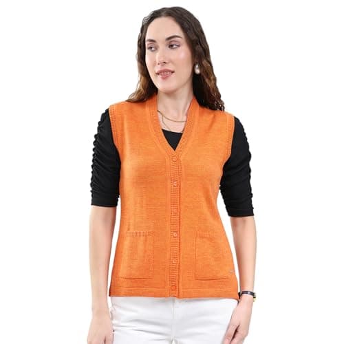 Monte Carlo Women's Regular Fit Cardigan | Solid Pattern | Button Closure with Sleeveless V Neck | Light & Layered Style Cardigan for Women Orange L (Pack of 1)