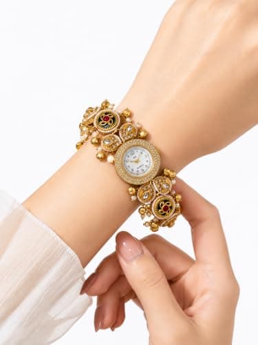 Sleekify Heritage Bracelet Watch for Women, Traditional Kashmiri Kundan Watch with Pearl & Ghunghroo Design, Analog Quartz Round Dial, Gold Finish Adjustable Chain Ethnic Wrist Watch 3