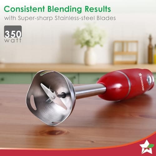 Wonderchef Regalia Hand Blender Mixer | 350W | Sharp Stainless-Steel Blades | Dual Speed Settings | for Hot & Cold Blending | Detachable Blending Arm | 2-Year Warranty | Red 5