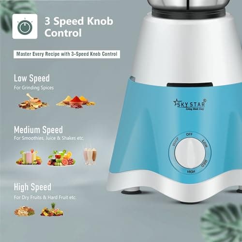 Skystar Star Eco 750 W Juicer Mixer Grinder For Kitchen With 4 Mixer Jars for Juicing, Mixing, and Grinding |Featuring Powertron Motor & Vent-X Technology |White Blue| 2 Years Motor Warranty 5