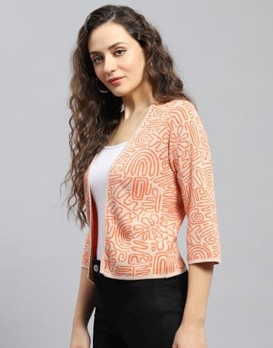 Monte Carlo Womens Orange Printed V Neck 3/4th Sleeve Front Open Shrug (224065320FO-1-42) 2