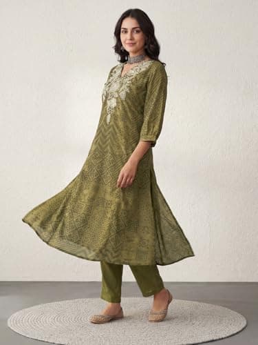 INDO ERA Women's Mustard Cotton Blend Floral Printed Straight Fusion Kurta & Pant with Dupatta Set 3