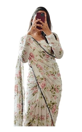 Sidhidata Women's Georgette Printed Ready To Wear one Minute Saree With Unstitched Blouse Piece (1000 Butty White_White_Free Size)