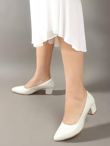Buy Tale Women’s White Block Heel Pumps | Comfortable Slip-On Office Wear Shoes, White-8 4