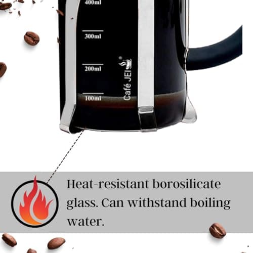 Cafe JEI French Press Coffee and Tea Maker 600ml with 4 Level Filtration System, Heat Resistant Borosilicate Glass, (Steel, 600ml) 4