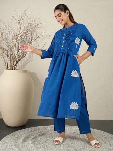 INDO ERA Women Blue Pure Cotton Co-Ord Set | Kurta Pant Set for Casual Wear,IESTR11685M | Cord Set For Women Cotton | 3