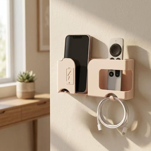 Wall Mounted Mobile Charging Holder Stand | Plastic Phone Charging Dock Organizer with Cable Management | Multi Purpose Remote & Smartphone | Space Saving Wall Shelf (1, Apricot, Standard) 2