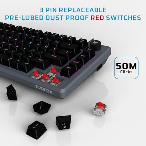 EvoFox Katana X2 TKL Gaming Mechanical Keyboards Wireless –Tri-Mode (BT/2.4G/Wired), Silent Red Switches, 1000Hz Polling Rate, Vivid and Dynamic Backlighting, 4000mAh Battery,Volume Knob (Black) 3
