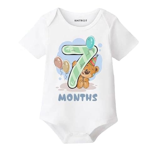 KNITROOT Monthly Birthday Teddy Special Newborn Baby White Color Half Sleeve Unisex 100% Cotton Romper, Sleepsuit, Body Suit, Envelope Neck, 7 Months Print, 6-9 Months, Infant Cloth for Boys & Girls 2