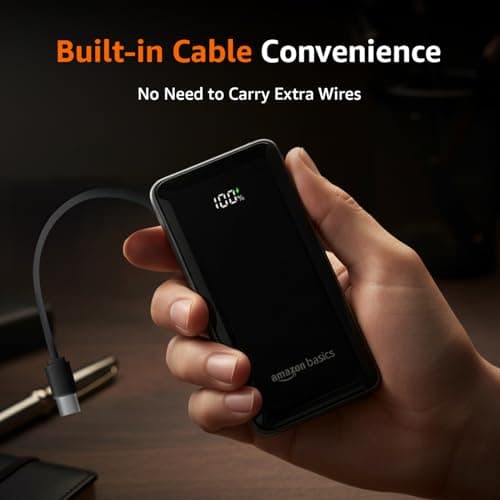 Amazon Basics Power Bank, 10000mAh, 35W Nano, Built-in Type C Cable, 2 Ports - Metallic Silver 5