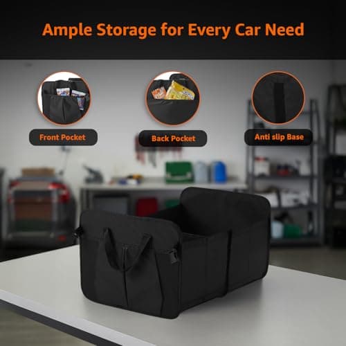 Amazon Basics Car Boot Organizer with 2 Large Compartments & 2 Pockets| Foldable 600D Oxford Storage Box with Securing Straps (Black, 60 x 37 x 31cm) 5