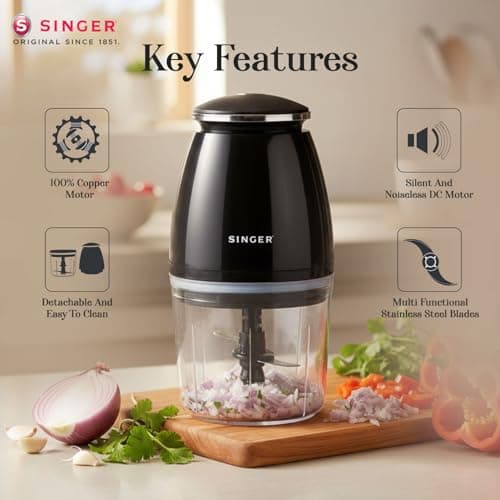SINGER Nexchop Mini Single Speed Electric Chopper 350W | 700ml Bowl | 4 Stainless Steel Blades | Low Noise | Lightweight | ISI Certified | 2-Year Warranty 3
