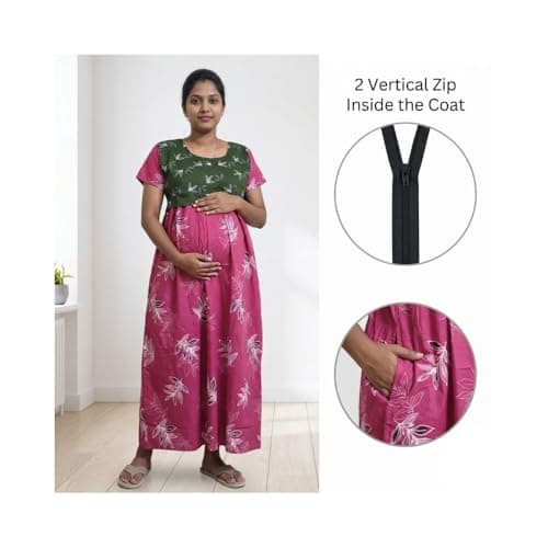 Pure Cotton Coat Model Feeding Nighty Women Full Length Maternity Gown (XL) Pink 3