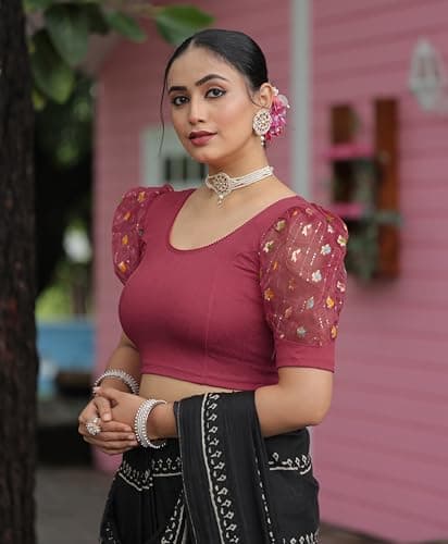 Amazon Brand - Anarva Round Neck Lycra Stretchable Puffed Elbow Sleeve Readymade Saree Blouse for Women Stylish (roli-Pink-Blouse-m) 3