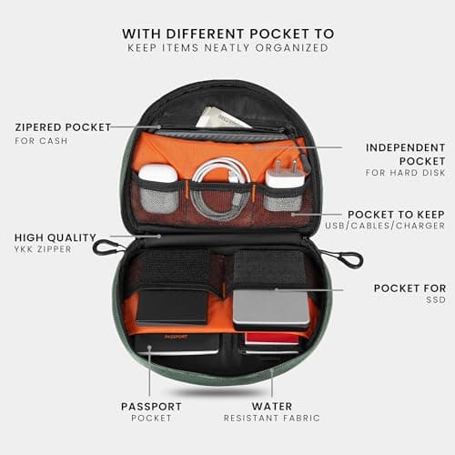 Urban Wolf Tech Pouch: The All-in-One Waterproof Travel Organizer for Cables, Adapters, Chargers,Hard Drives & Other Tech Essentials-Portable Zippered Gadgets Organizer (Fossil Grey, Pack of 1) 3