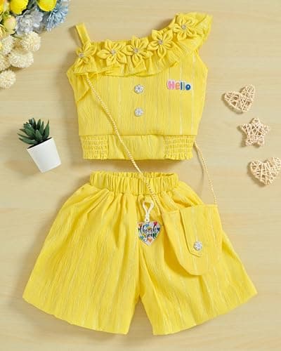 STYLO DRESSES Cotton Blend Solid Trandy Girls' Ruffle Top & Shorts Set (Lemon Yellow, 1-2 Years) 2
