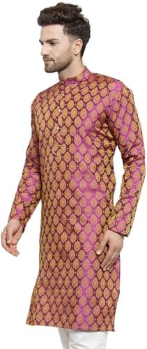 ALMORA Men's Jacquard Silk Kurta for Men Pink 4