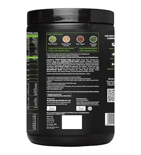 Plantigo Protein Powder 24g Plant Based Protein, 3g BCAA, 2g Leucine, 3g Fiber, 4x Fast Digestion, 95% Bioavailability, 3x Anti Oxidants, Anti Inflammatory, Vitamins, Minerals - Vanilla Flavored 500g 5
