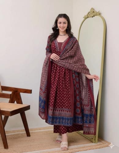 KLOSIA Women Printed Anarkali Kurta and Pant Set with Dupatta Maroon 5