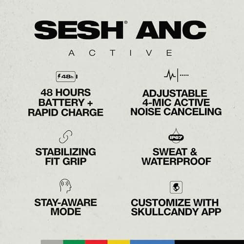 Skullcandy Sesh ANC Active True Wireless Bluetooth Earbuds with 4Mic Active Noise Cancellation,48Hr Battery,IP67 Waterproof Sports Earbuds,Multipoint Pairing,Google Fast Pair,Spotify Tap–Black/Orange 2