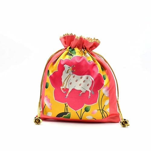 India Gift Hub | Assorted Lotus Cow Decorative | Printed Silk Potli |Traditional Elegance Cow Print | Pichwai Potli Batwa | Bag with Modern Handle (Pack of 20) 5