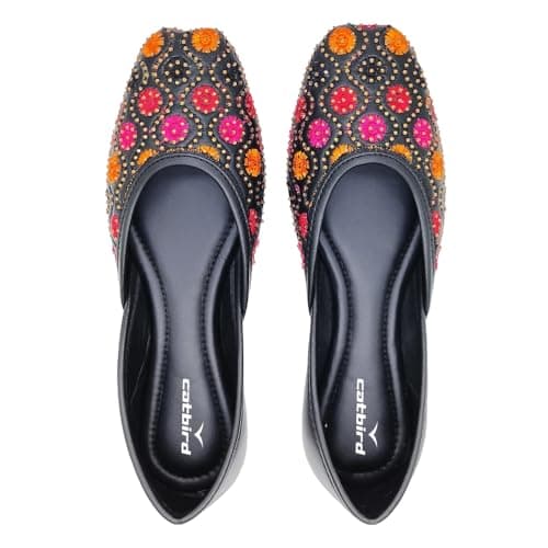 CatBird Women's Black Designer Emboidery with Stone Work Punjabi Jutis 8 UK