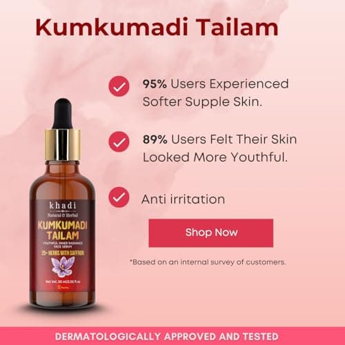 Khadi Natural Kumkumadi Tailam Face Serum | Ayurvedic Brightening & Anti Aging Facial Oil | With Saffron & 25+ Herbs | Reduces Dullness, Pigmentation & Uneven Tone | Dermatologically Tested | 30 ml (P 4