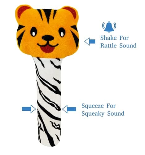 Pikipo Tiger Face Rattle Soft Toy with Squeeze Handle for Squeaky Sound (Orange) 3