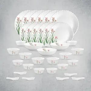 La Opala Opal Glass Crockery | for Family of 6 | Dinner Set 35 pcs Pink Florets | Plates & Bowls for Dining | Microwave Safe | 100% Vegetarian | Extra Strong | Extra Light & White