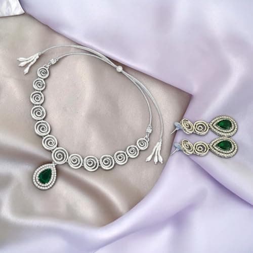 ACCESSHER Women's & Girls Silver-Tone Elegant Green Teardrop Pendant Necklace Set Latest Stylish Spiral Design Jewellery Set with Earrings Fancy Accessories For Wedding 5