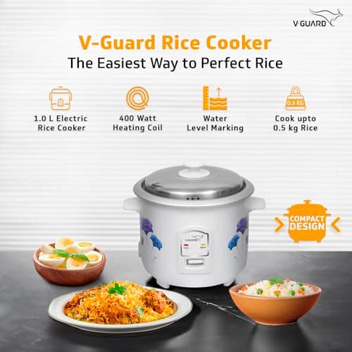 V-Guard VRC 1.0 C 1-Litre Electric Rice Cooker Small with 400 W Power (New Launch) | 2 Pots, Spatula, Rice Separator | 2-Year Product & 5-Year Heating Plate Coverage by V-Guard 2