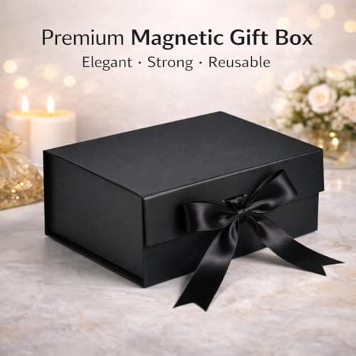 1 Piece Black Magnetic Gift Box with Ribbon for Birthday & Wedding Hamper, Collapsible Premium Gift Box for Return Gifts & Packaging (25 x 20 x 10 cm) (BLACK) 2