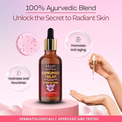 Khadi Natural Kumkumadi Tailam Face Serum | Ayurvedic Brightening & Anti Aging Facial Oil | With Saffron & 25+ Herbs | Reduces Dullness, Pigmentation & Uneven Tone | Dermatologically Tested | 30 ml (P 3