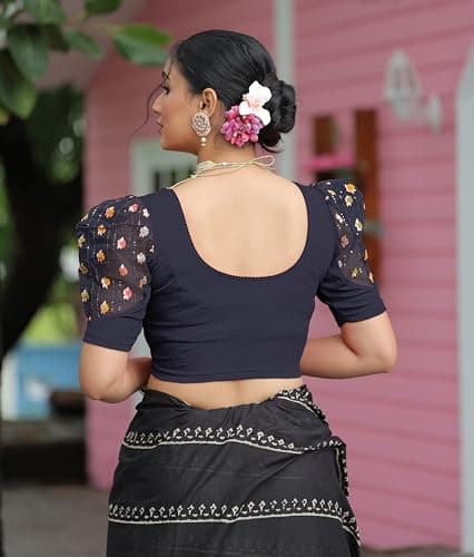 Amazon Brand - Anarva Round Neck Lycra Stretchable Puffed Elbow Sleeve Readymade Saree Blouse for Women Stylish (roli-Oxford-Blue-Blouse-m) 2