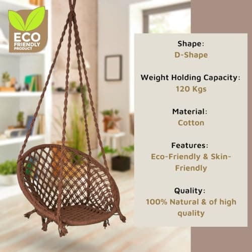 Curio Centre Make in India Round Cotton Rope Hanging Swing for Adults & Kids with Accessories/Swing Chair for Indoor,Outdoor,Home,Patio,Yard, Balcony,Garden (145 x 57 x 43 cm,100 kgs Capacity, Brown) 5
