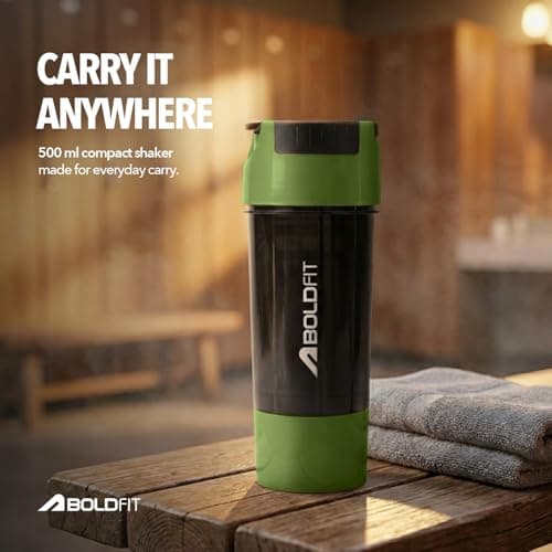 Boldfit Gym Shaker Pro Cyclone Shaker Bottle 500ml with Extra Compartment, Leakproof, Sturdy Ideal for Protein Supplement, Preworkout and BCAAs, BPA Free Sipper Bottle Shaker bottle for Gym Army Green 5