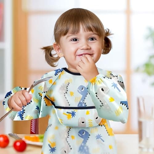 CoolShef Waterproof Baby Bibs for Boys & Girls 6-24 Months, Soft Cotton Feeding Bibs with Sleeves, Adjustable Newborn Bibs, Cute Cartoon Apron for Babies, Washable Toddler Bibs 3