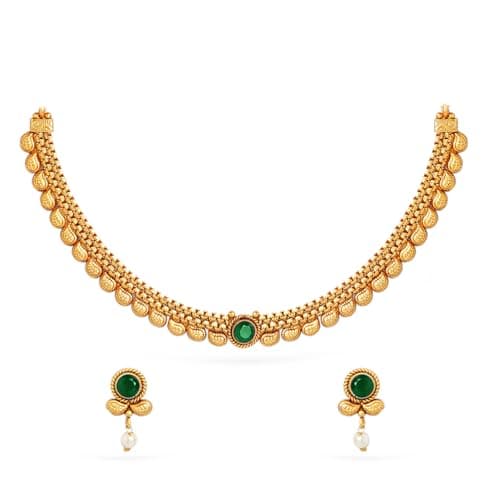 Rubans Womens 22K Gold-Plated Dark Emerald Green Stone & Pearl Beaded Traditional Necklace Set