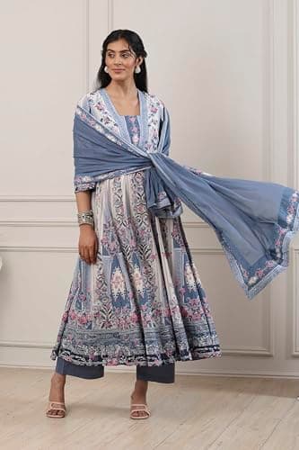 Biba Women Blue Cotton Anarkali Suit Set_34 2