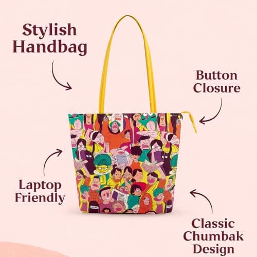 Chumbak Colorful Faces of India Tote Bag – Canvas Shoulder Bag, Ethnic Yellow Print, Stylish, Durable & Roomy for Daily Use 3