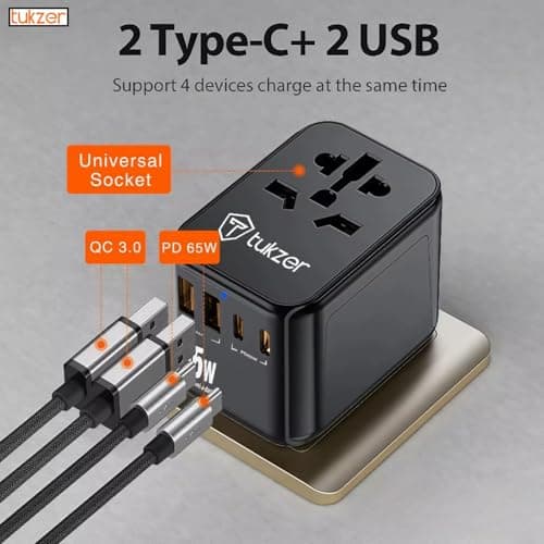 Tukzer 65W Universal Travel Adapter, GaN Fast Charging Adapter with 2 Type C & 1 USB Ports, Universal Plug Socket, All in One International Travel Adapter for Laptop/MacBook & Mobile Charging- Black 5