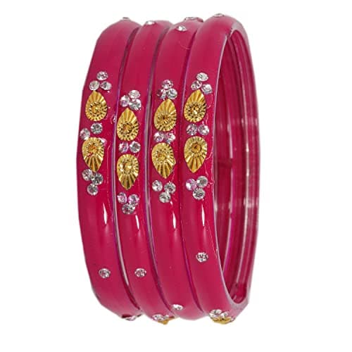 NMII Glass with Zircon Gemstone and Beads Studded Glossy Finished Kada For Women and Girls, Pack of 4, (Magenta_2.6 Inches)