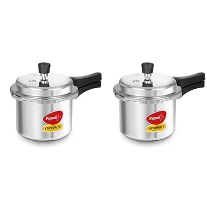 Pigeon By Stovekraft Favourite Induction Base Aluminium Pressure Cooker with Outer Lid, 3 Litres (Silver) + Favourite Outer Lid Non Induction Aluminium Pressure Cooker, 3 Litres, Silver