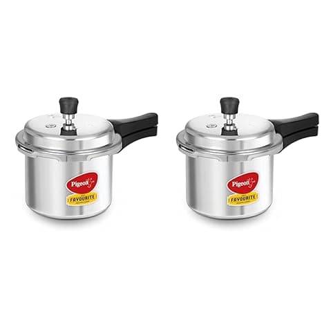 Pigeon By Stovekraft Favourite Induction Base Aluminium Pressure Cooker with Outer Lid, 3 Litres (Silver) + Favourite Outer Lid Non Induction Aluminium Pressure Cooker, 3 Litres, Silver