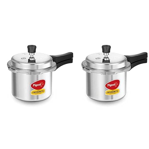Pigeon By Stovekraft Favourite Induction Base Aluminium Pressure Cooker with Outer Lid, 3 Litres (Silver) + Favourite Outer Lid Non Induction Aluminium Pressure Cooker, 3 Litres, Silver