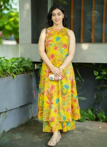 Klosia Nermosa Women Pure Cotton Kurta Palazzo Set | Sleeveless Printed Kurta with Palazzo Pants | Summer Friendly, Office Wear Co-Ord Set Yellow 5