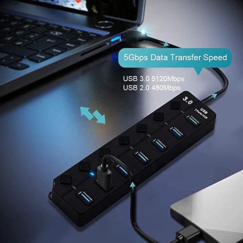 VIBOTON USB Hub with Type c OTG Dongle, USB Hub 7 Ports, 1 x 3.0 Port Cable Side, and 6 x 2.0 Ports, Hub for Laptop, 7-Port Hub with Individual Switches and Lights, High Speed Hub (Black) Cable - 30CM 4