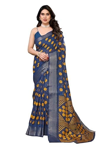 Women's Cotton Blend Printed Jaquard Border Saree with Unstitched Blouse Piece BZ_4307_Kaveri Goli Firozi-Yellow