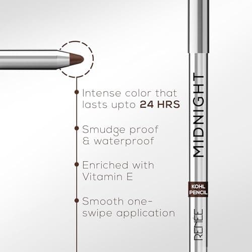 RENEE Midnight Kohl Pencil- Brown | Waterproof, Smudge-proof Kajal With Sharpener | Matte Finish, Long-lasting Upto 24 Hours | One-swipe Application With Vitamin E | 1.5 g 5