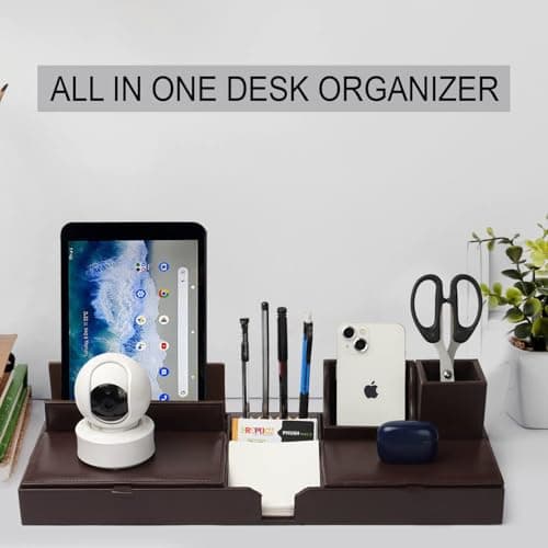 GIFTONVY Office Desk Organizer and Workspace Accessories Storage Set Leather 11 Compartment Multipurpose Sticky Note Tray Remote and Stationary Pen Stand With Mobile Holder 2